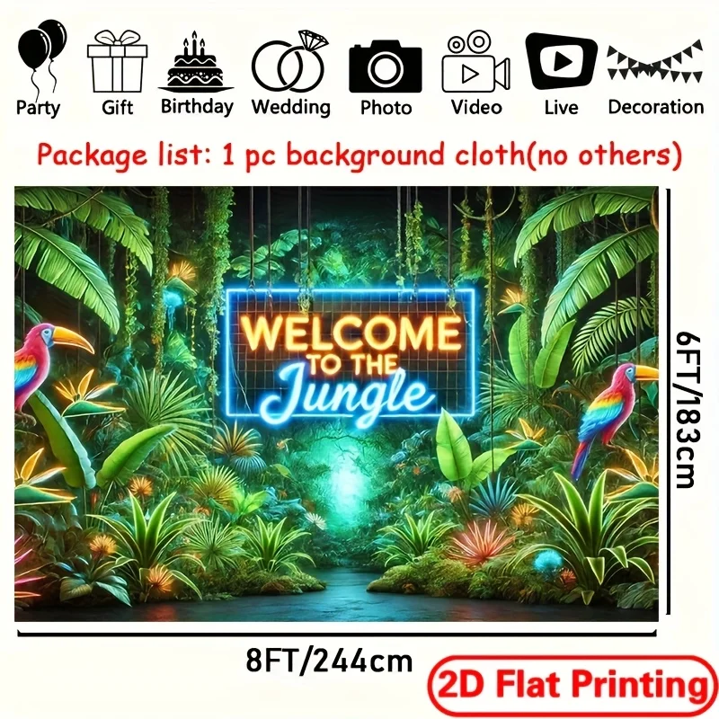 Enchanting Jungle Neon Sign Tapestry Welcome To The Jungle Tropical Rainforest Plants Parrots Nightclub Bar Party Venue Decor