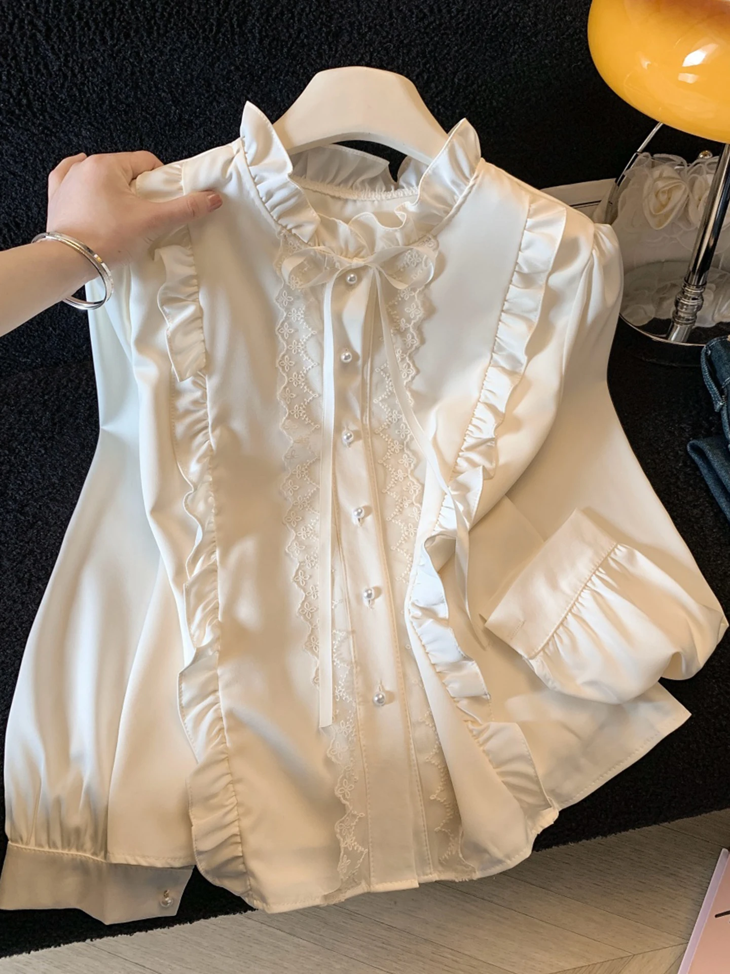 

Ele Lace Tie irt Women's Spring Summer New Sle Chiffon Blouse Design Sense Top Wooden Ear Gentle Loose Fit Long ...