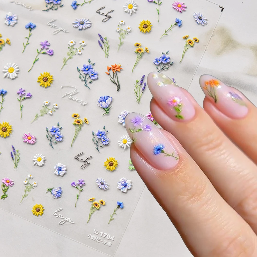 1개 5D 입체 유화 꽃 네일 스티커 데이지 해바라기 바이올렛 레트로 접착식 프렌치 네일 데칼 컬러풀 플로어 슬라이더