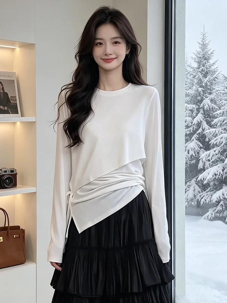 White Base Layer T-shirt Women's Spring New Irregular Design Elegant Shoulder Long Sleeve Two-piece Upper Body Korean Style