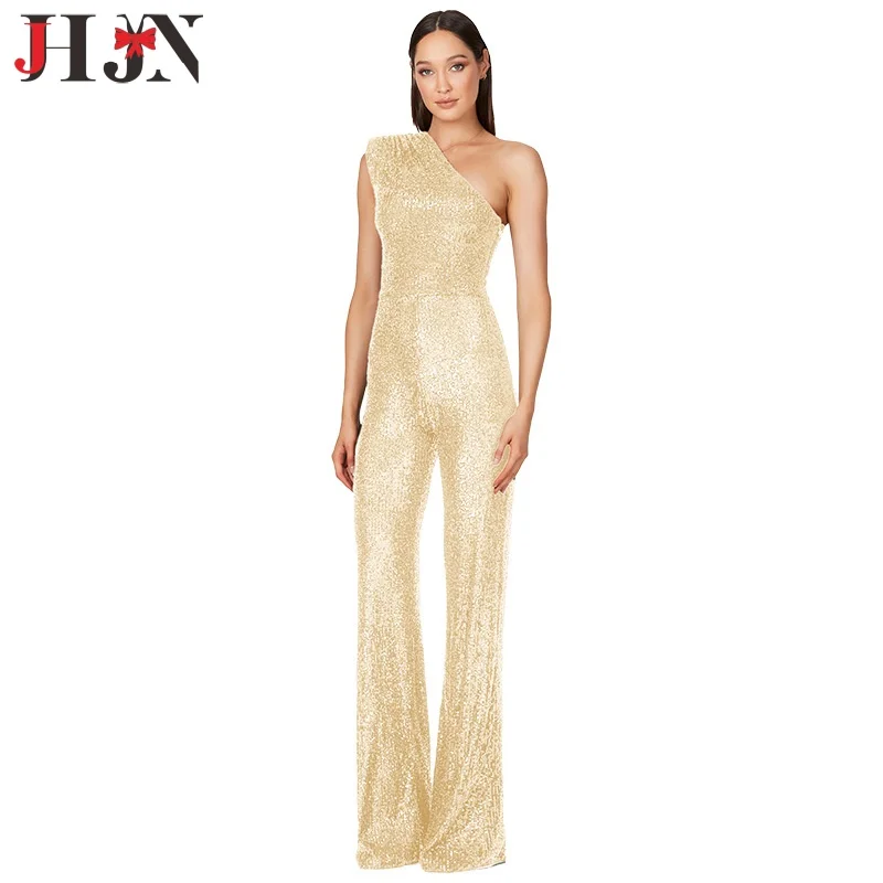 2024 European and American women's clothing Sleeveless jumpsuit Single shoulder Sequined jumpsuit