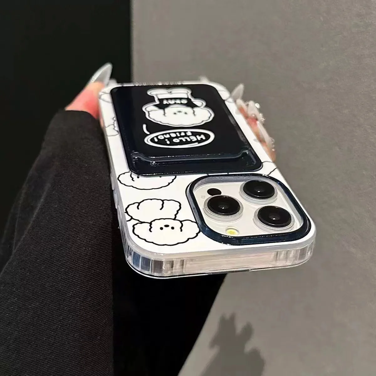 Card bag transparent black and white dog phone case with hanging rope For iPhone 11 12 13 14 15 16 pro max