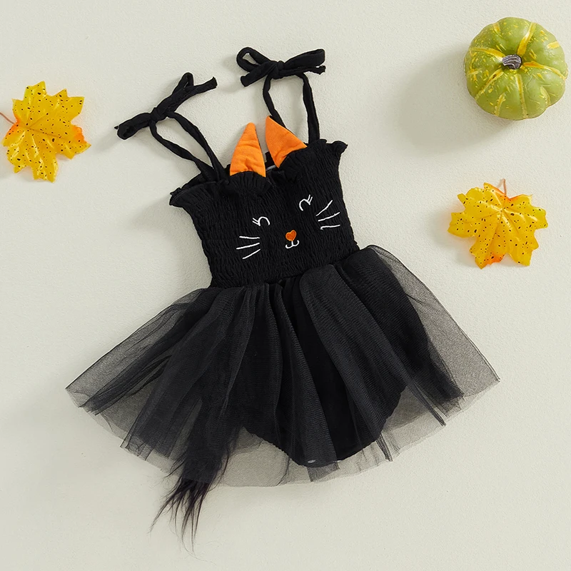 Baby Sister Matching Clothes Shirred Square Neck Tie-Up Spaghetti Strap Romper Dress Cat Costume for Toddle Baby Girl