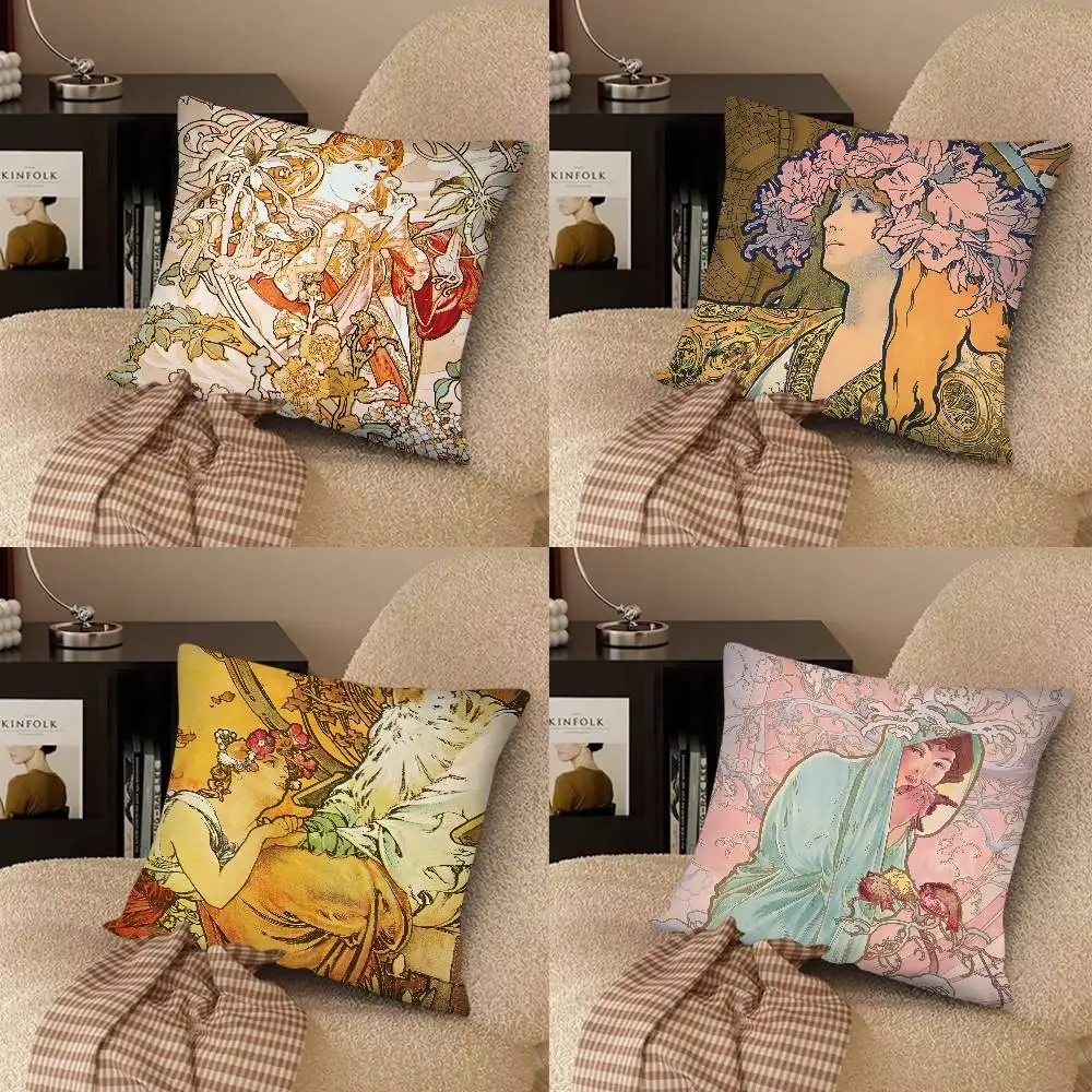A-Alphonse Mucha Pillow Case Fashion Square Pillowcase Bedroom Sofa Room Ins Decoration Leisure