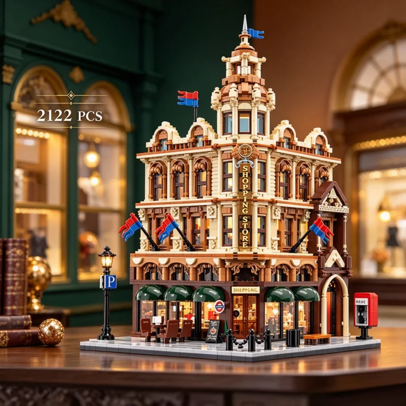 2122 PCS Modular City Street View Building Blocks, Retro Department Store Architecture Model, 3.6mm Mini Bricks DIY Construction