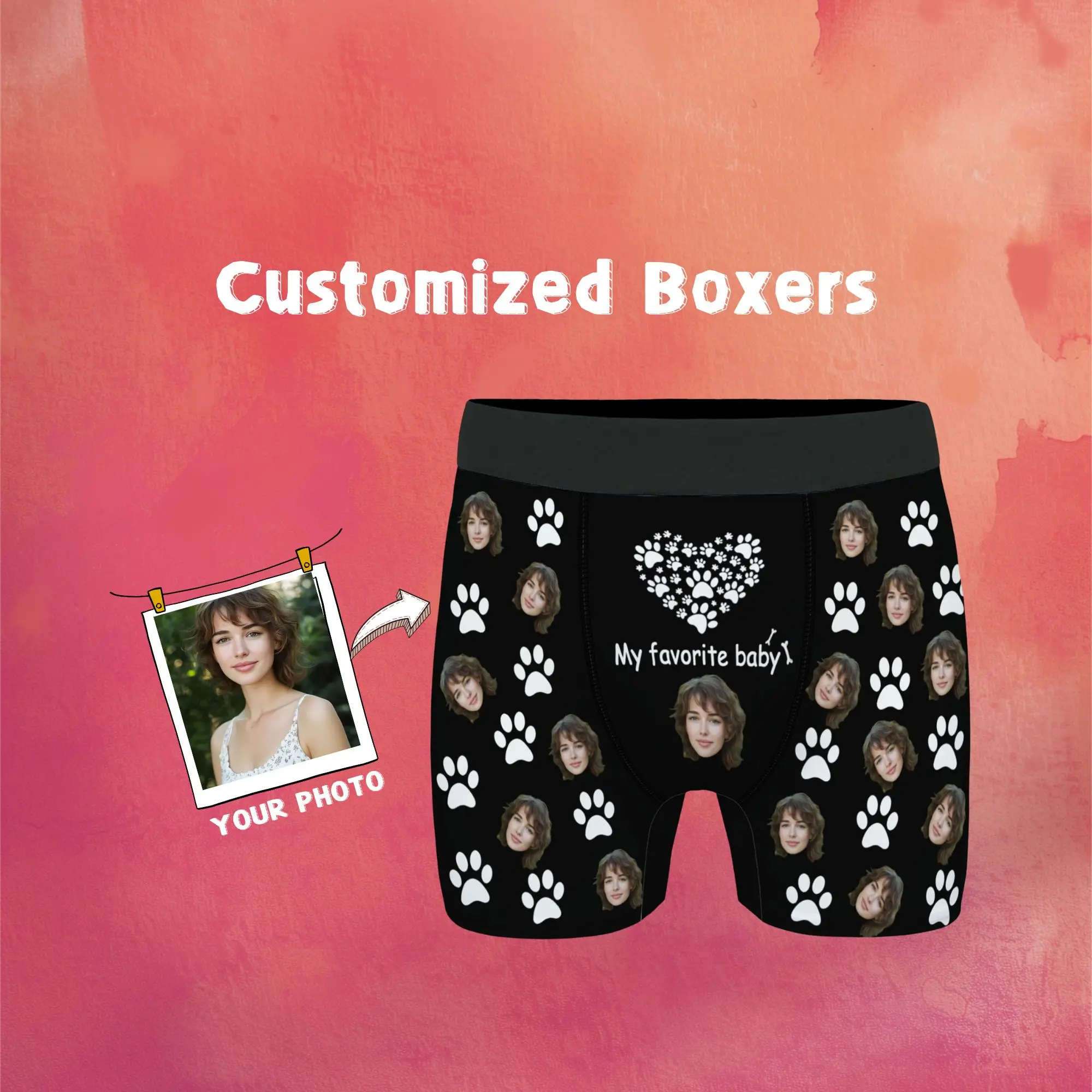 

Custom Face Men's Boxer Briefs Black with White Paw Print & Heart "My Favorite Baby" Sweet Anniversary Gift for Husband