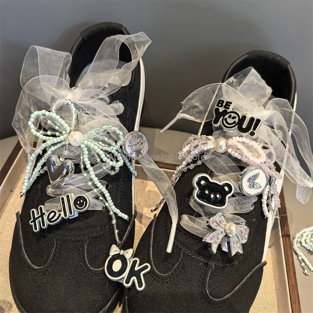 1Pc Ballet Style Pearl Chain Flower Charms Pendant Silver Letter Bear Sneakers Decorations Bow Charm Buckle DIY Accessories