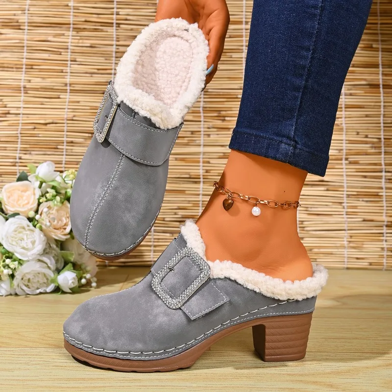 Fashion Retro Round Toe Buckle Strap High Heel Women's Mules 2026 Winter Plush Warm Simple Solid Outdoor Casual Women Shoes