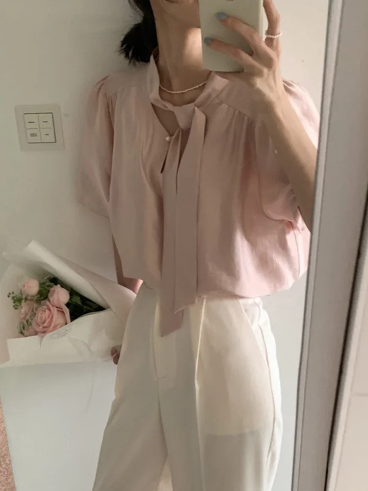 

Sweet Ladies Elegant Party Woman Blouse New Solid Color Slim Basic Women Blouse Casual Loose White Blue Pink Fashion Street Top