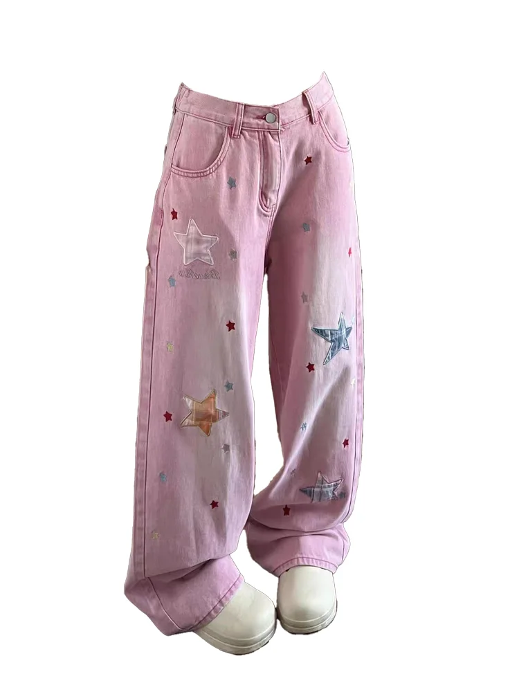 

Women's Pink Casual Denim Jeans Baggy Y2K Harajuku High Street Fashion 2000S Style Cute Retro Wide Leg Jeans Long Pants Clothing