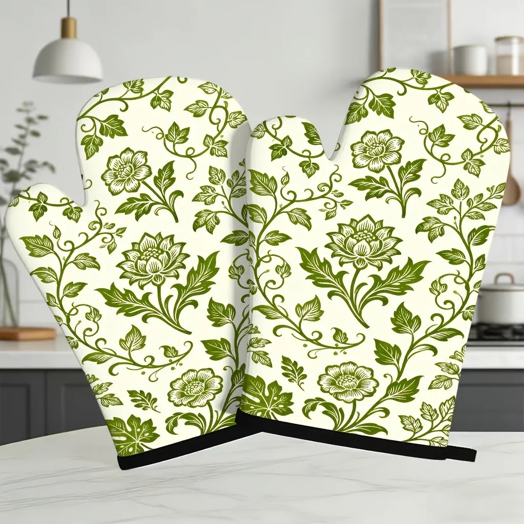 Green Floral Vine Print Oven Mitts 2pcs Heat Resistant Non-Slip for Kitchen Cooking Baking