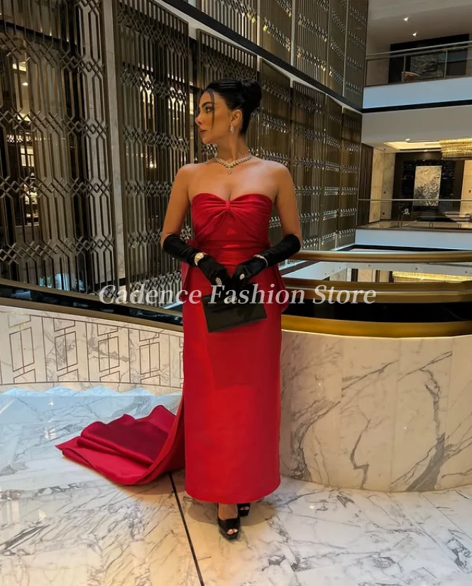 Personalizado lindo sem alças vermelho cetim sereia árabe vestidos de baile grande bowknot voltar dubai vestidos de noite formais vestidos de festa