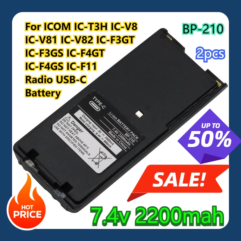

For ICOM IC-T3H IC-V8 IC-V81 IC-V82 IC-F3GT IC-F3GS IC-F4GT IC-F4GS IC-F11 Radio USB-C Battery BP-210 7.4V 2200mAh 2pcs