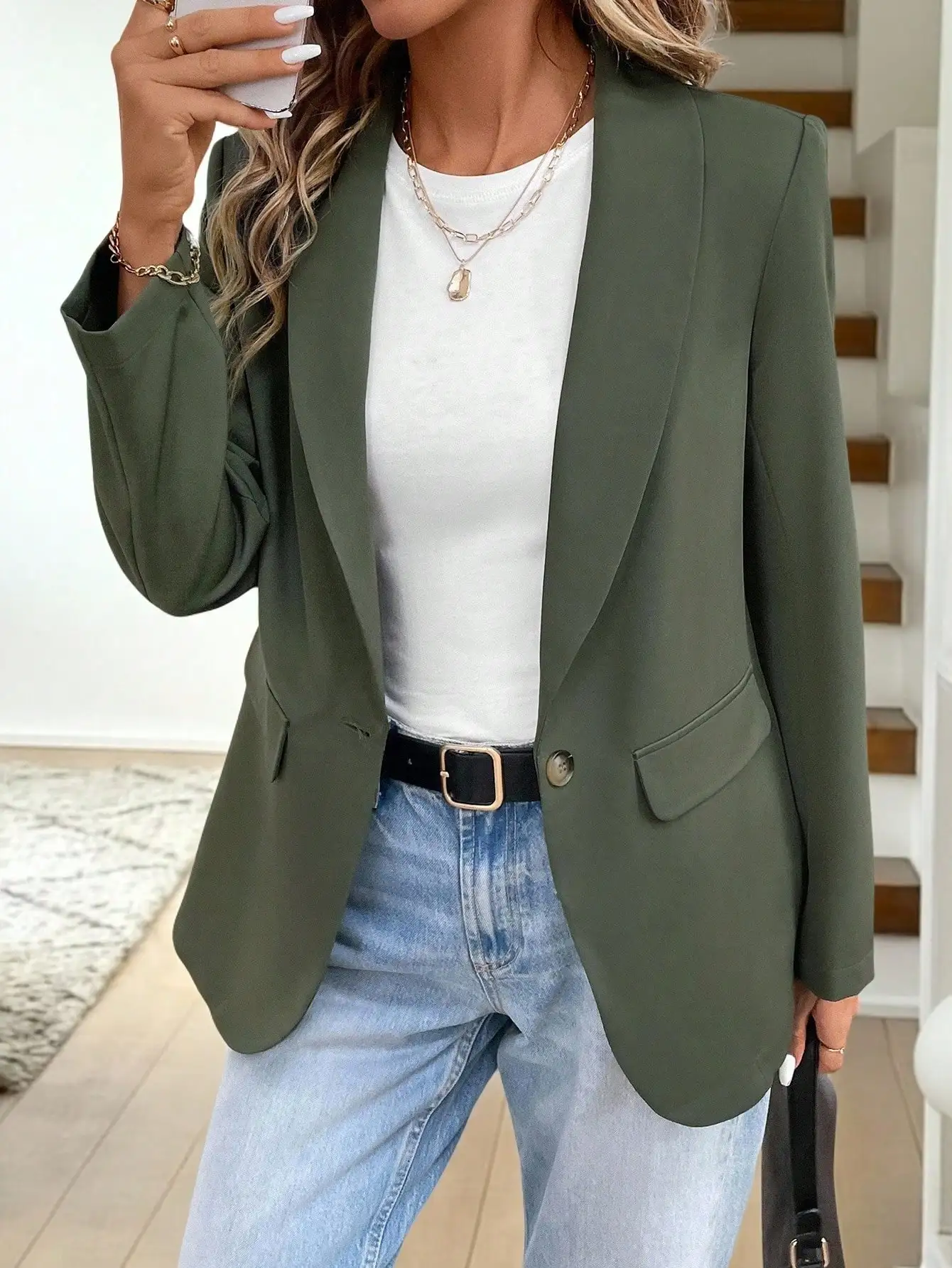 

Olive Green Women's Single Button Blazer Jacket for Casual & Office Wear, Fall/Winter Style