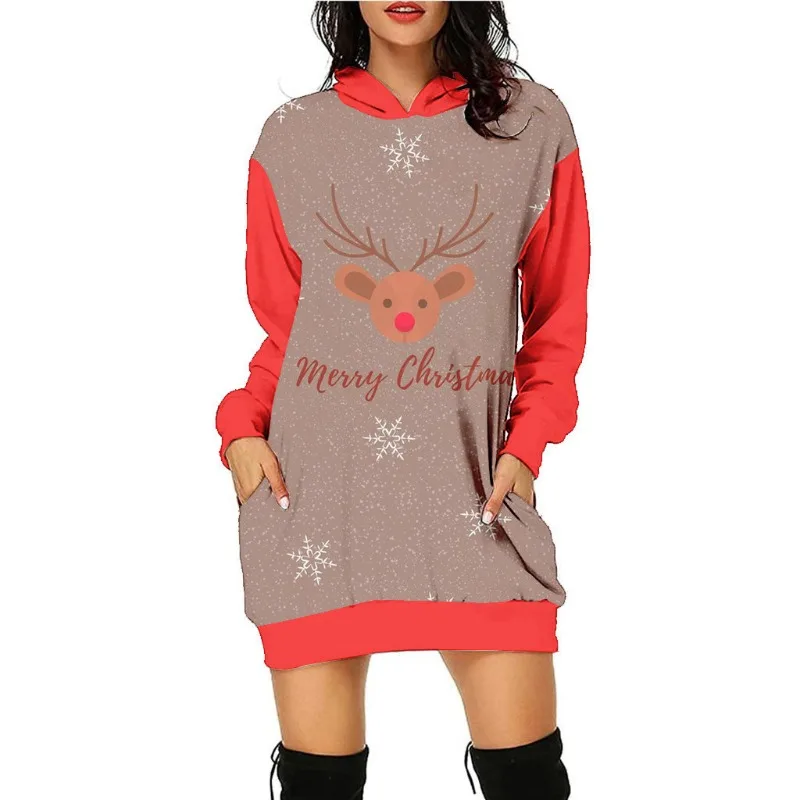 Autumn Winter Women's Pullover Hooded Contrast Letter Cartoon Print Christmas Lantern Long Sleeve Loose Fashion Casual Dress