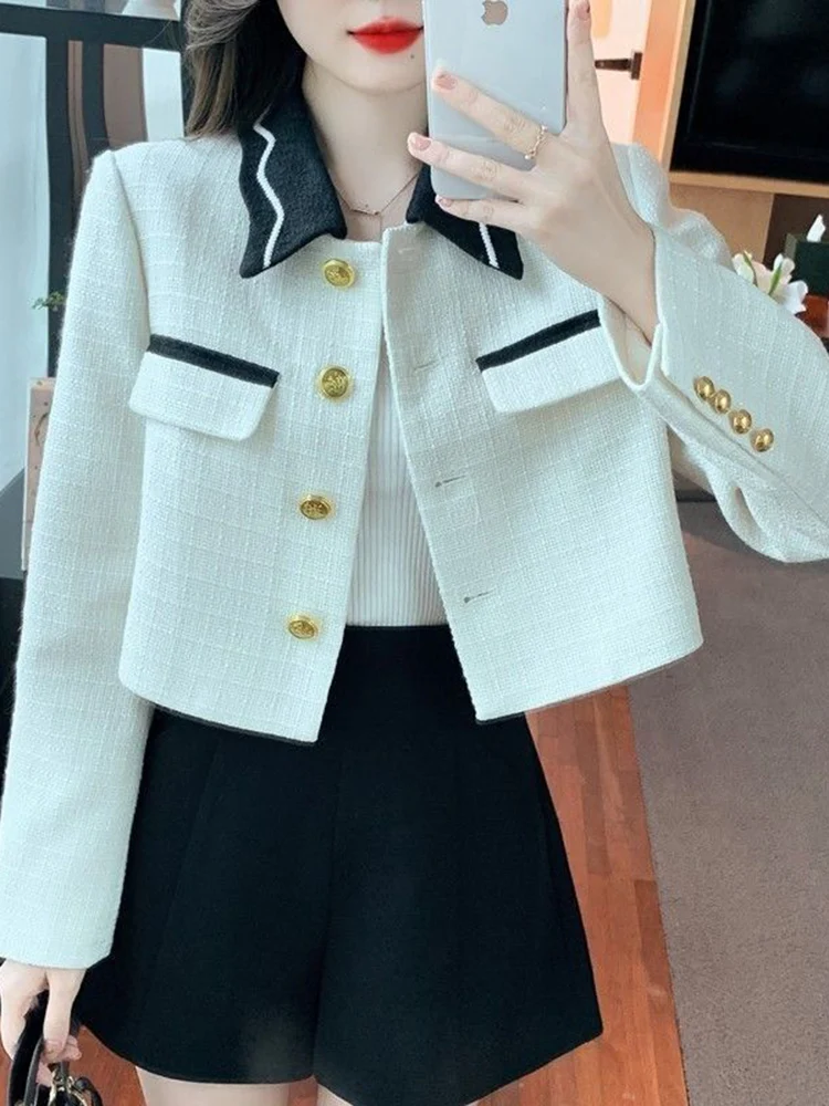 

Jmprs Sweet Elegant White Jacket Women Slim Fashion Long Sleeve Cropped Coat Fall Chic Korean Casual Female Turn Down Collar Top