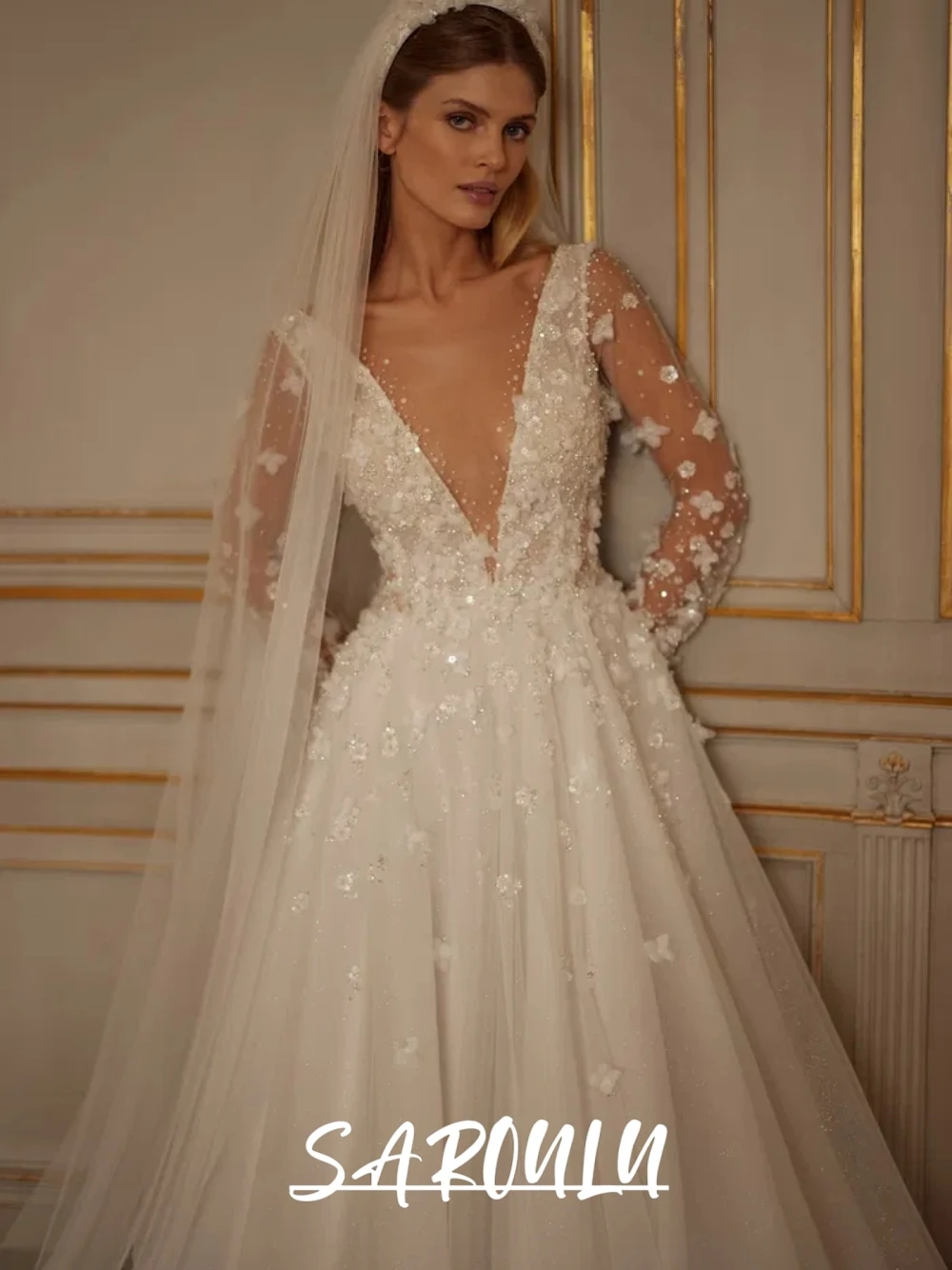 

Sexy Low Back Floral Wedding Dress, Delicate A Line Sequined Bridal Gown, Eye-catching Long Train Customized Bride Wear