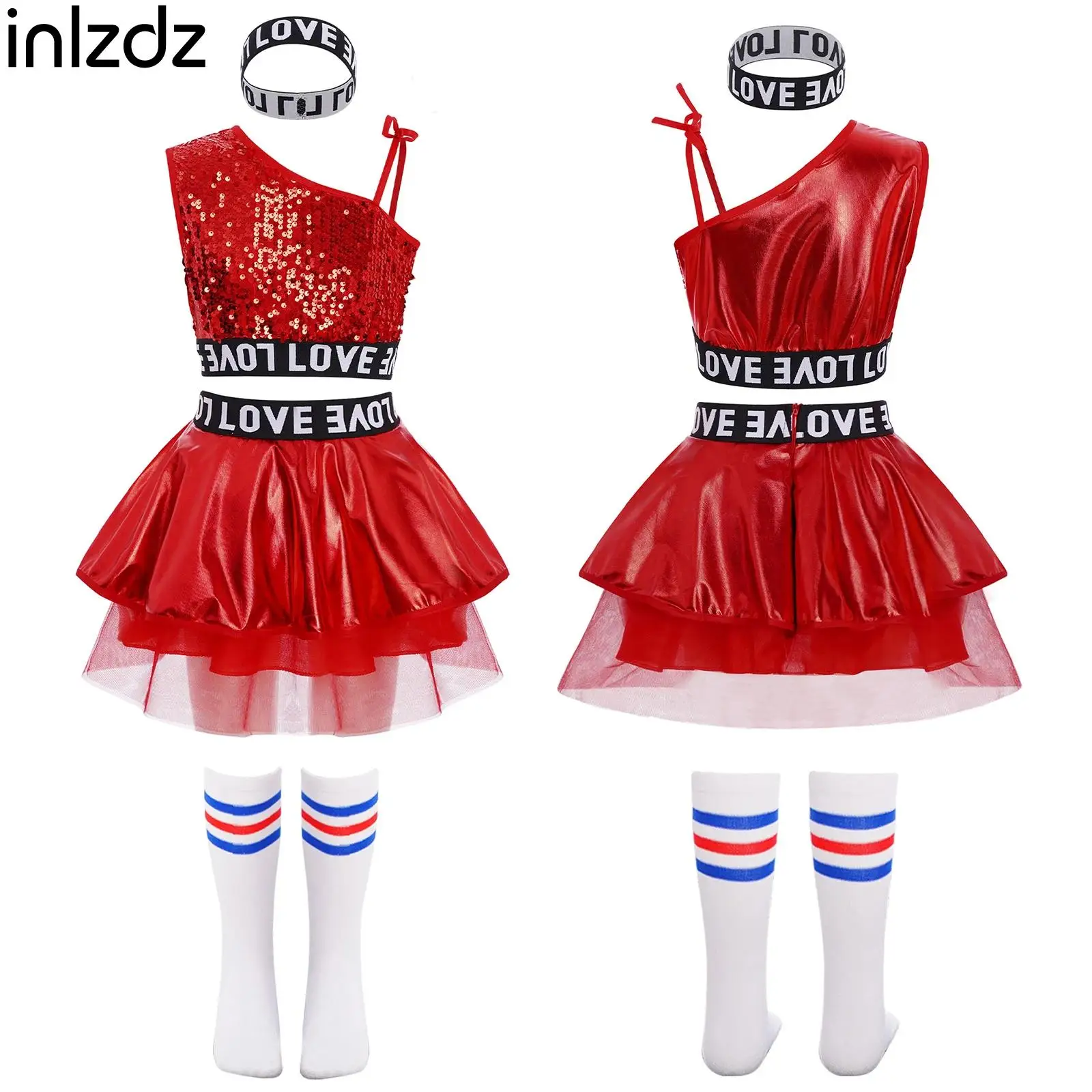 2 Stuks Meisjes Hiphop Jazz Street Dance Outfit Een Schouder Mouwloos Vest + Rok + Haarband + Gestreepte sokken Pailletten Danser Kostuum