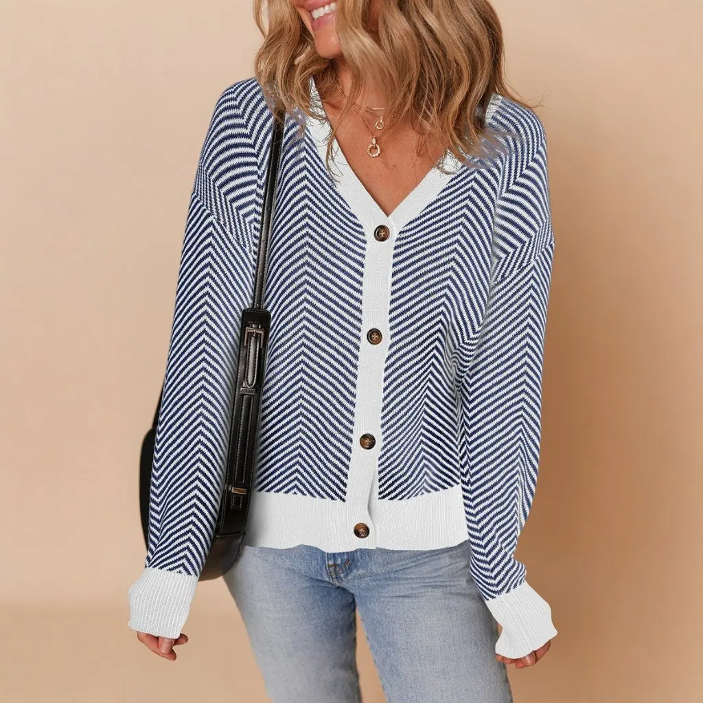 

Women's Loose Knitted Cardigan V-Neck Striped Fashion Sweater Jacket Versatile European And American Style Autumn New Arrivals