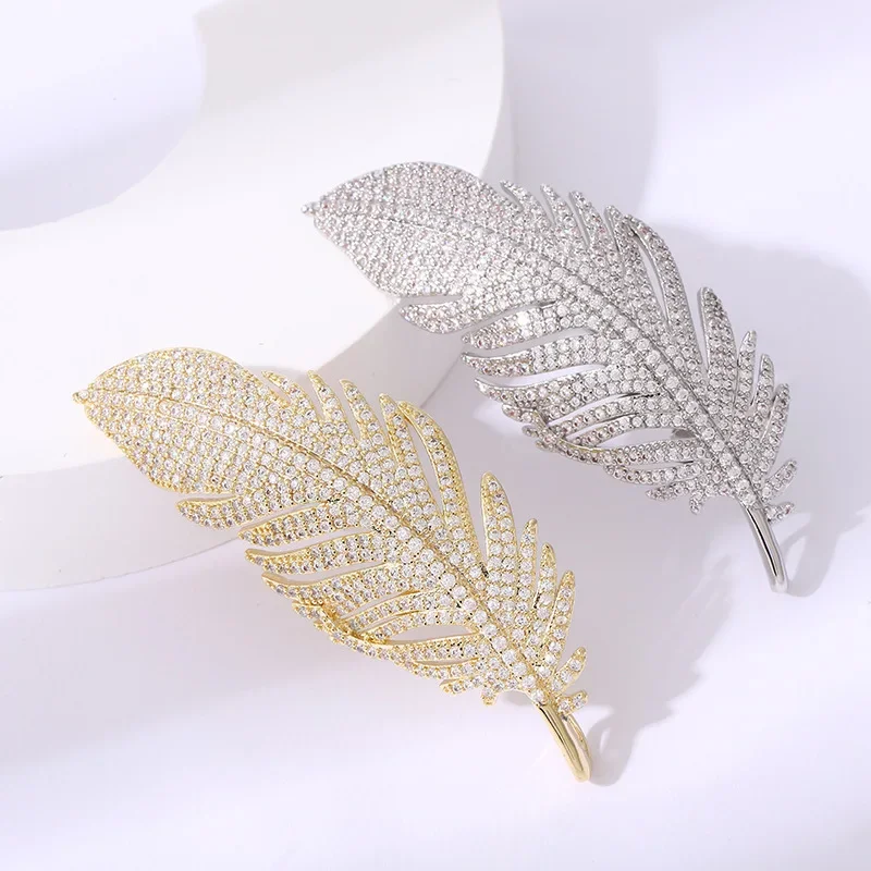 Vintage Full Rhinestone Gold Plated Silver Color Feather Brooches Women Copper Micro Inlaid Pins Wedding Party Jewelry Gift image 3