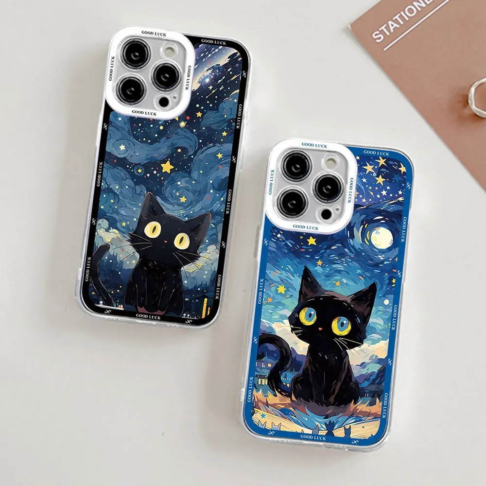 

Art Starry Night Black Cat Phone Case for iPhone 16 15 14 13 12 11 Pro Max Mini X XS 7 Plus 16E SE Shockproof Soft Cover Fundas