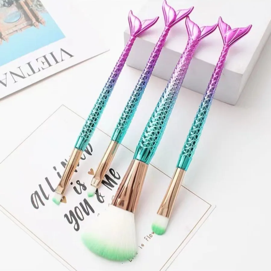 4pcs/set Mermaid Gradient Electroplating Makeup Brush Set, Loose Powder Shadow Eyeliner Eyebrow Brush Beauty Tools Perfect Gift