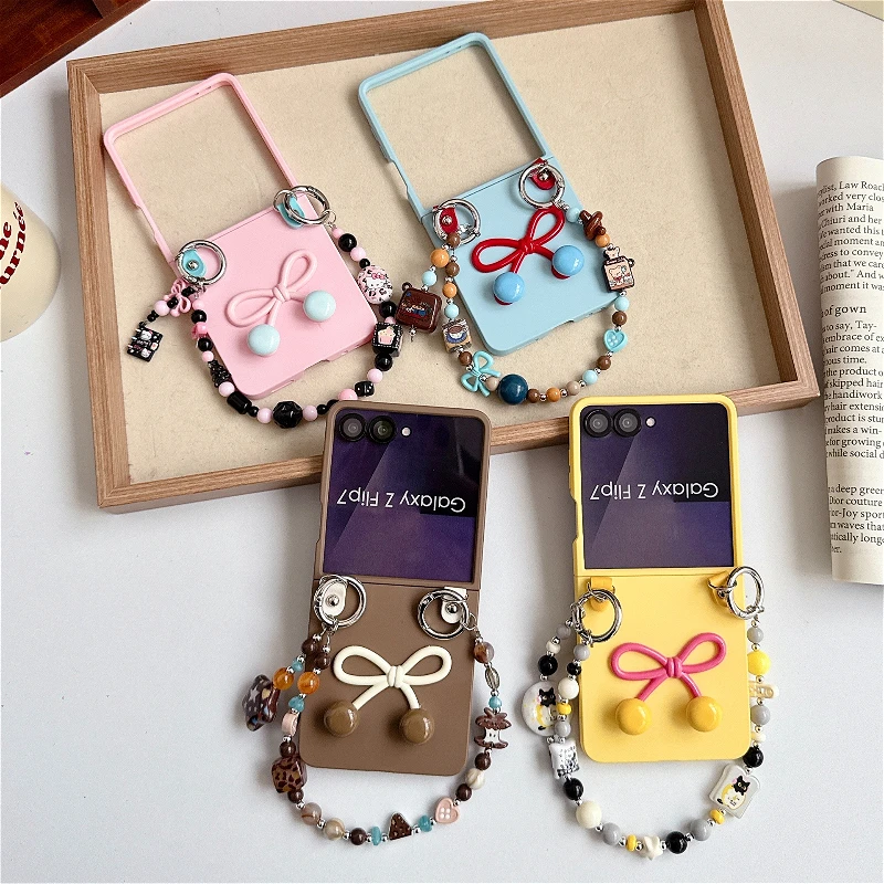 

For Samsung Galaxy Z Flip 7 Flip6 Flip5 4 3 7FE Phone Case Korean Cute 3D Bow Skin Feel with Colorful Chain Shockproof Cover