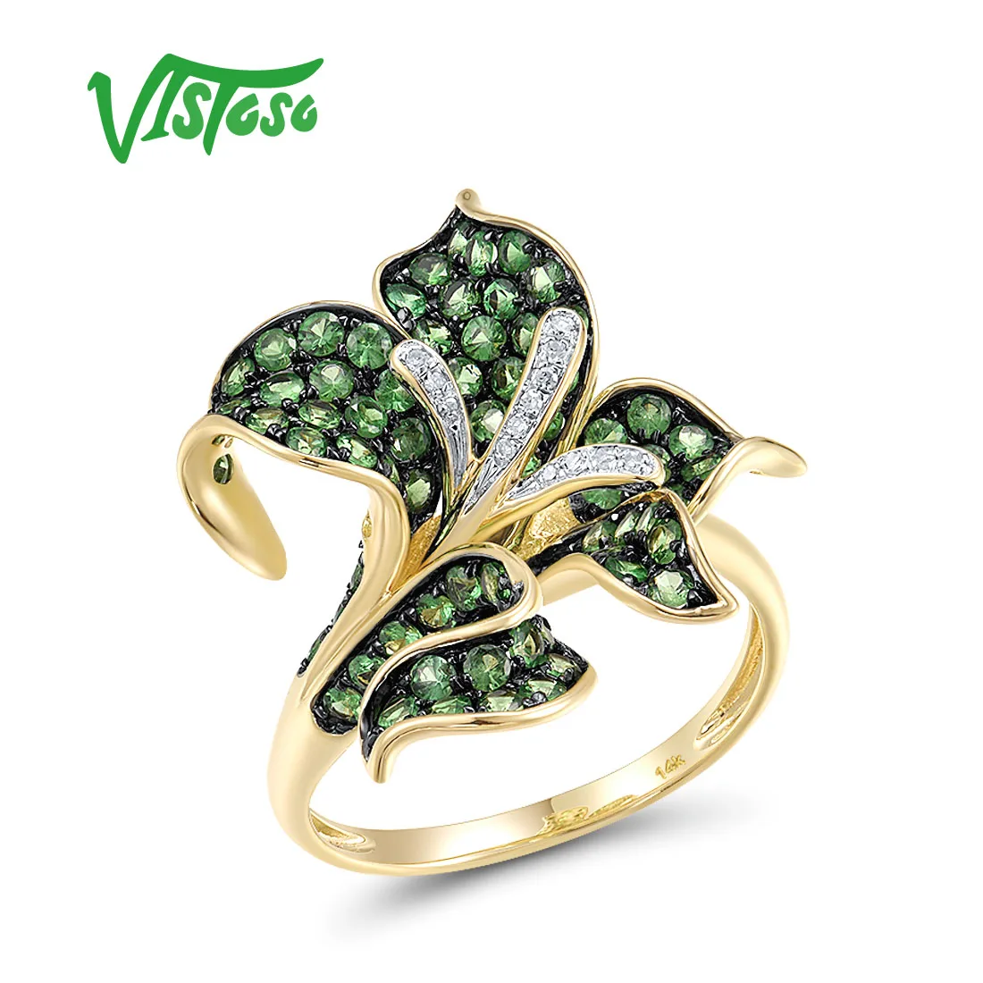 VISTOSO Pure 14K 585 Yellow Gold Rings For Women Sparkling Green Garnet Diamond Lily Flower Rings Gorgeous Fashion Fine Jewelry