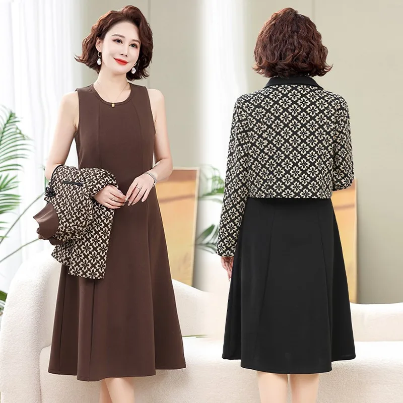 New Spring Autumn Long Sleeve Dress For Middle-aged Elderly Mothers Stylish Fashionable 2-piece Set