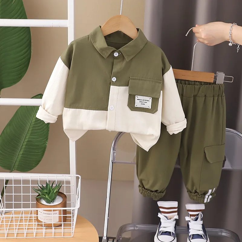 Spring Autumn Children Clothing Set Baby Boys Patchwork Lapel Shirt + Cargo Pants 2Pcs for 1-5 Years Kids Casual Tracksuit