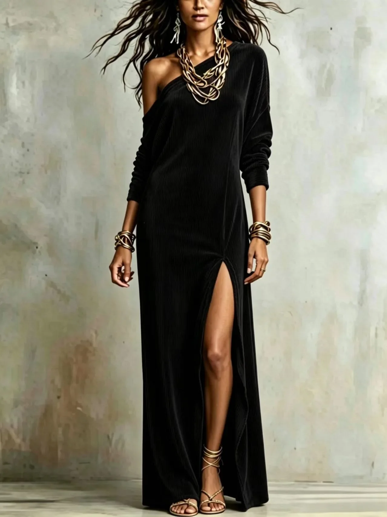 Women Velvet One Shoulder Long Sleeve Maxi Dress Side Slit Evening Party Long Gown