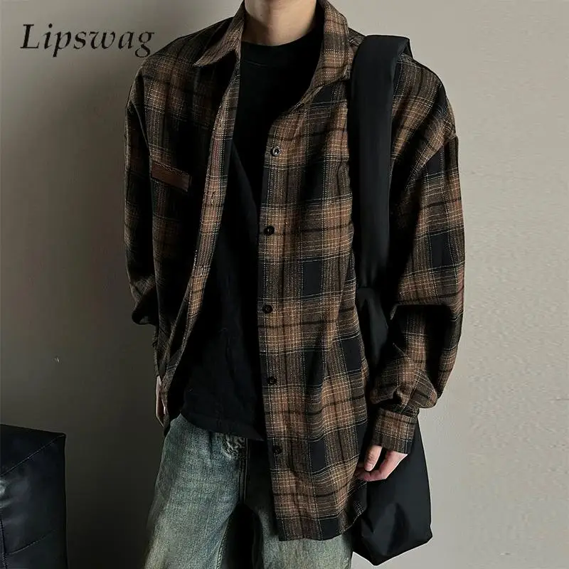 

Stylish Mens Plaid Print Shirts Vintage Turndown Collar Button Long Sleeve Shirt 2024 Autumn New Casual Loose Cardigan Men Tops