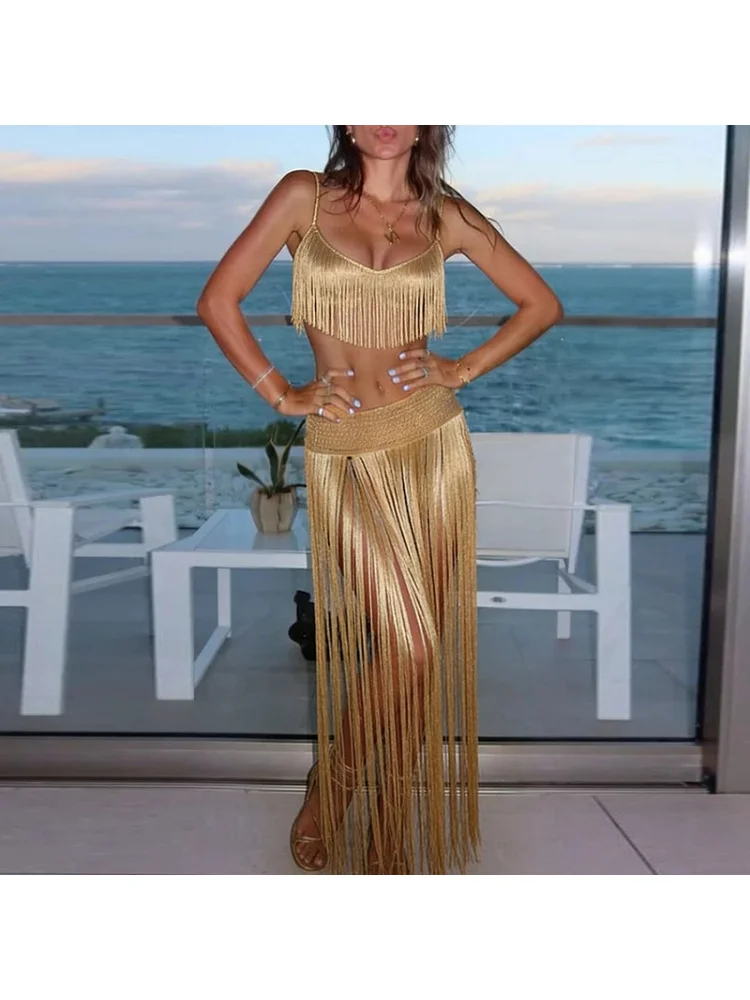 BKQU Crochet Sexy Tassel Beach Skirt 2026 Summer Solid Color See Thrugh Hight Waist A-line Long Skirt Party Club Half Skirt