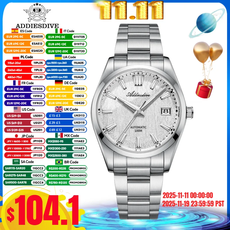 

ADDIESDIVE 39mm 3D Bark Dial Men Watch 10Bar Waterproof BGW9 Blue Luminous Sapphire Glass Automatic Mechanical Watches