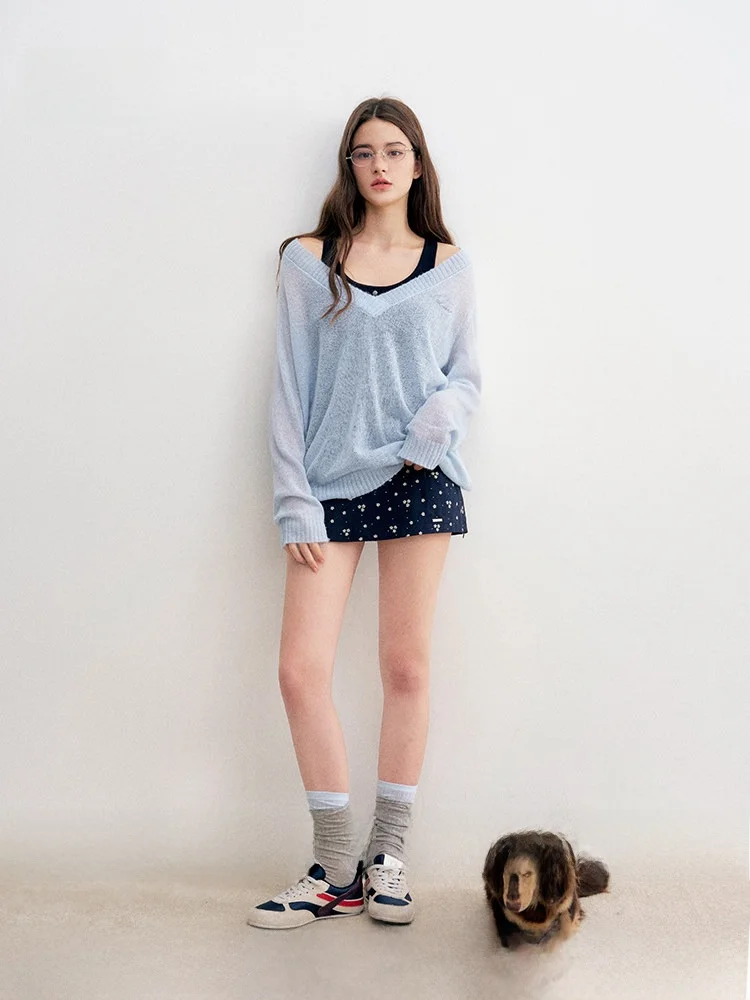 

Loose V-ne Knitted Sweater Mixed Wool Casual Sle True Two-piecer Liilou Paper Figure Faionable Ladies' Knitwear