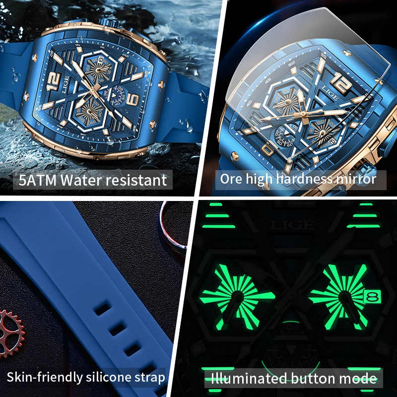 LIGE Luxury Waterproof Quartz Wristwatch Raise Wrist Luminous Men Watch Date Sports Silicone Clock Man Watches Relogio Masculino