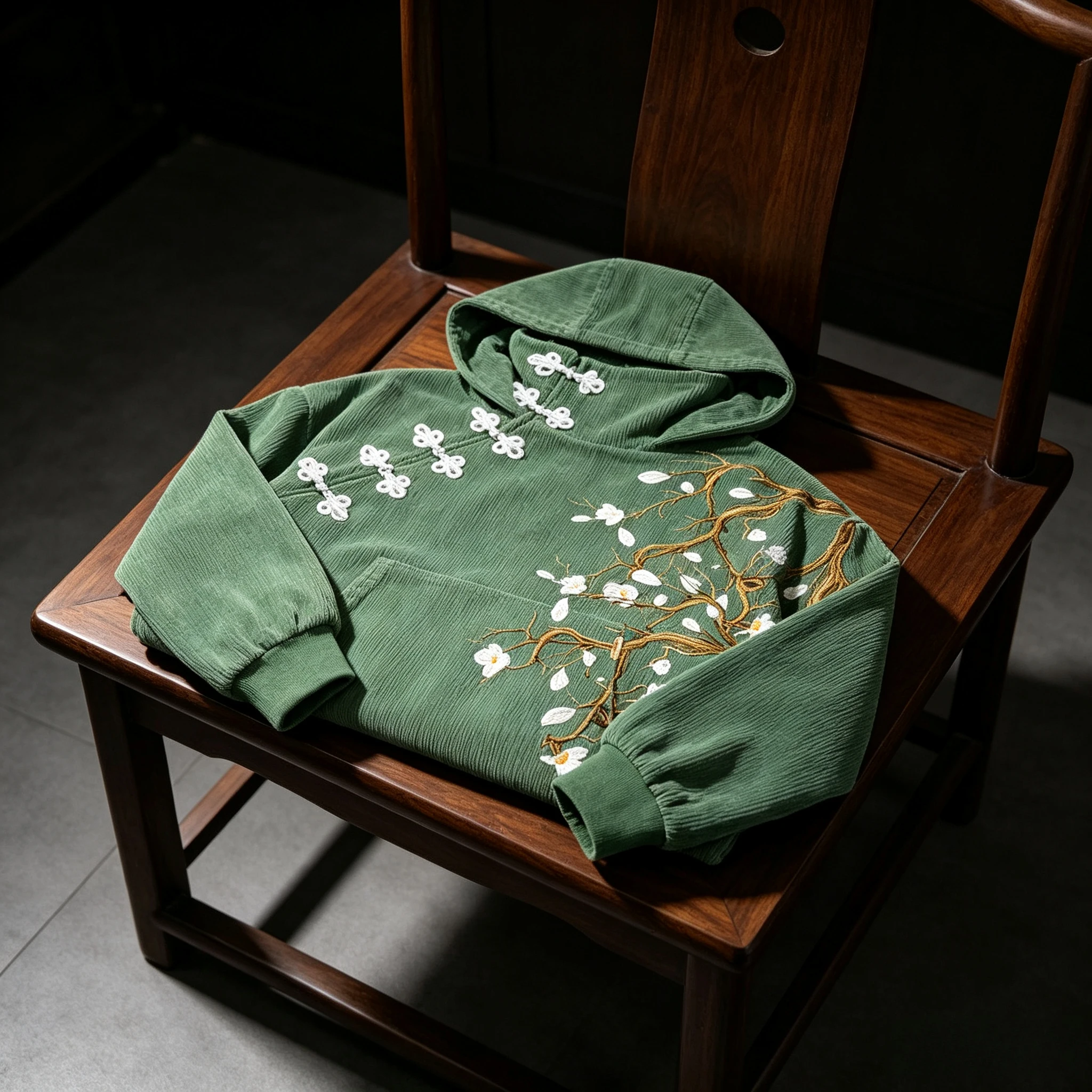 Y2K Vintage Green Corduroy Hoodie Ninja Hood Magnolia Branch Embroidery Functional Frog Buttons Oversized Cropped Sweatshirt