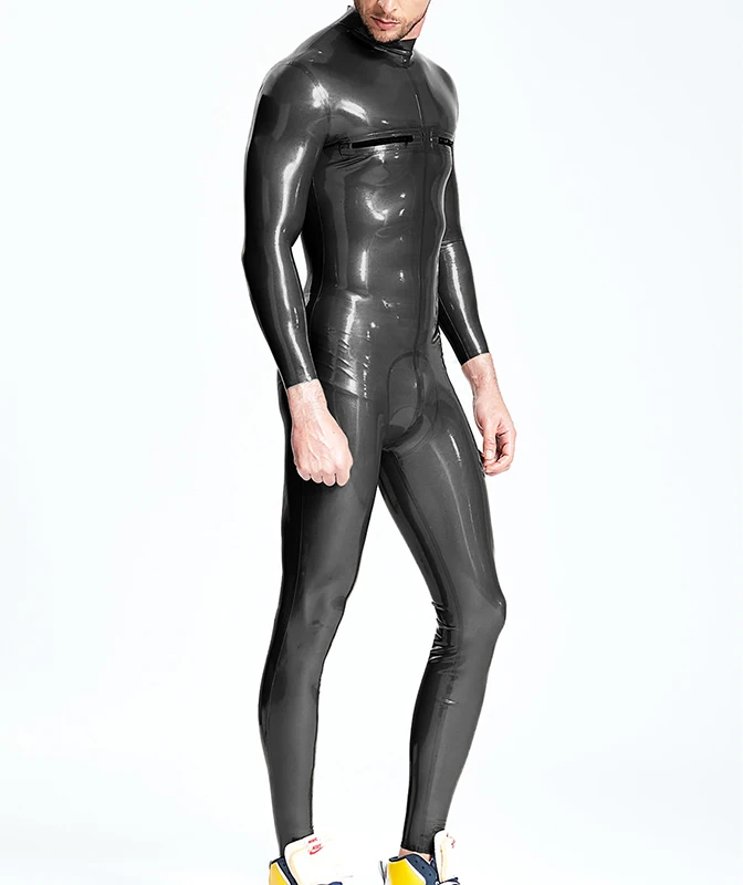 Pure Latex Rubber Classic Black Catsuit Sportswear Bodysuit Men\'s Jumpsuit Chest Zip 0.4mm