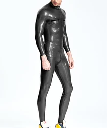 Pure Latex Rubber Classic Black Catsuit Sportswear Bodysuit Men's Jumpsuit Chest Zip 0.4mm