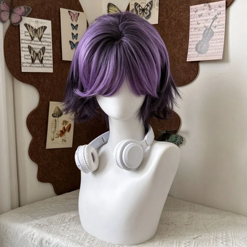 Women Short Curly Synthetic Full Wig Purple Black with Bangs Rose Mesh Cap Realistic Synthetic Hair for Daily Cosplay Party Wear