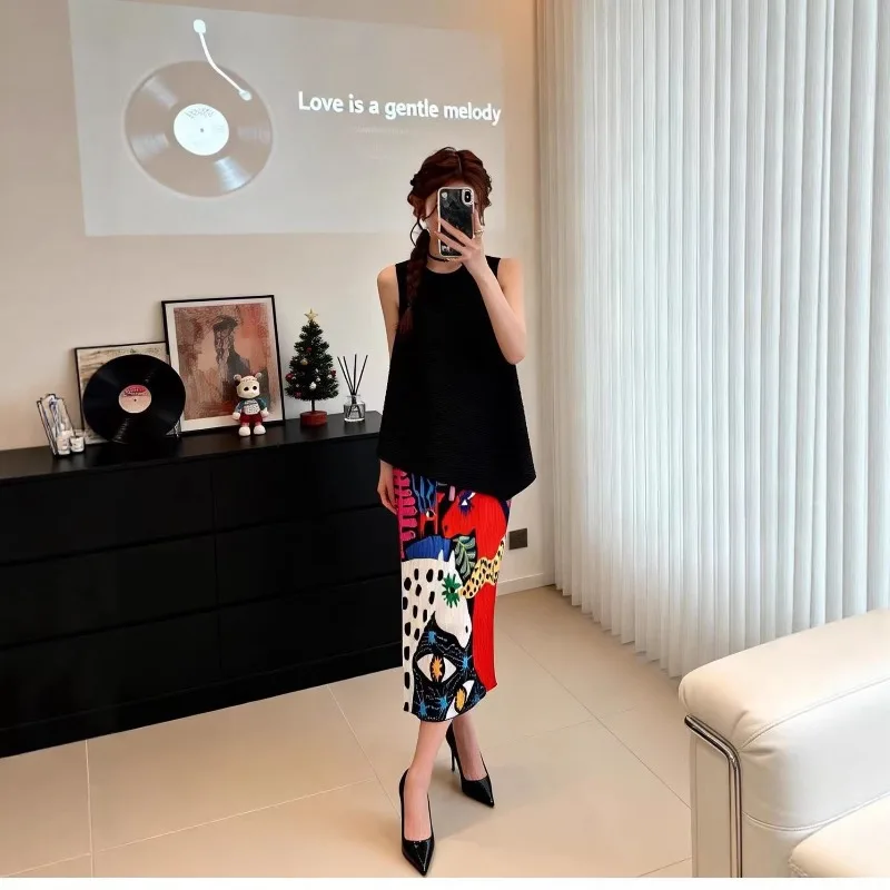 Miyake Pleated Skirt Plisse 2026 Spring/Summer New Abstract Art Fold Jupe Geometric Animal Graffiti Pleats Skirt Women Clothing