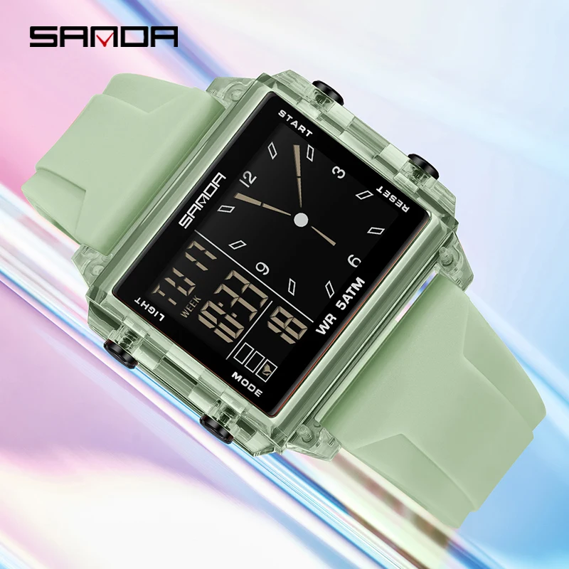SANDA 6273 ساعات إلكترونية عصرية للرجل تقويم مضيء مقاوم للماء ساعة رياضية خارجية كاجوال للسيدات ساعة يد رقمية