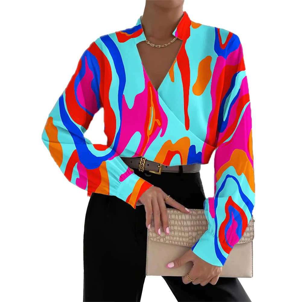 Tops Wit M-2XL Oranje Saffier Blouse Shirt T-shirt Casual Lange Mouw Print Dames Wrap Diepe V-hals Vakantie
