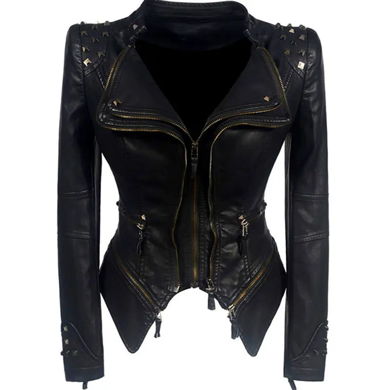 Spring Women Fashion Rivet Double Zipper Hip Hop Slim PU Leather Jackets Ladies Motorcycle Top Coats Female Chaquetas Plus Size