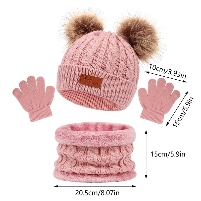 3Pcs Winter Baby Hat Scarf Gloves Set Solid Color Toddler Bonnet Cute Pompom Knitted Hats Outdoor Warm Infant Accessories 1-5Y