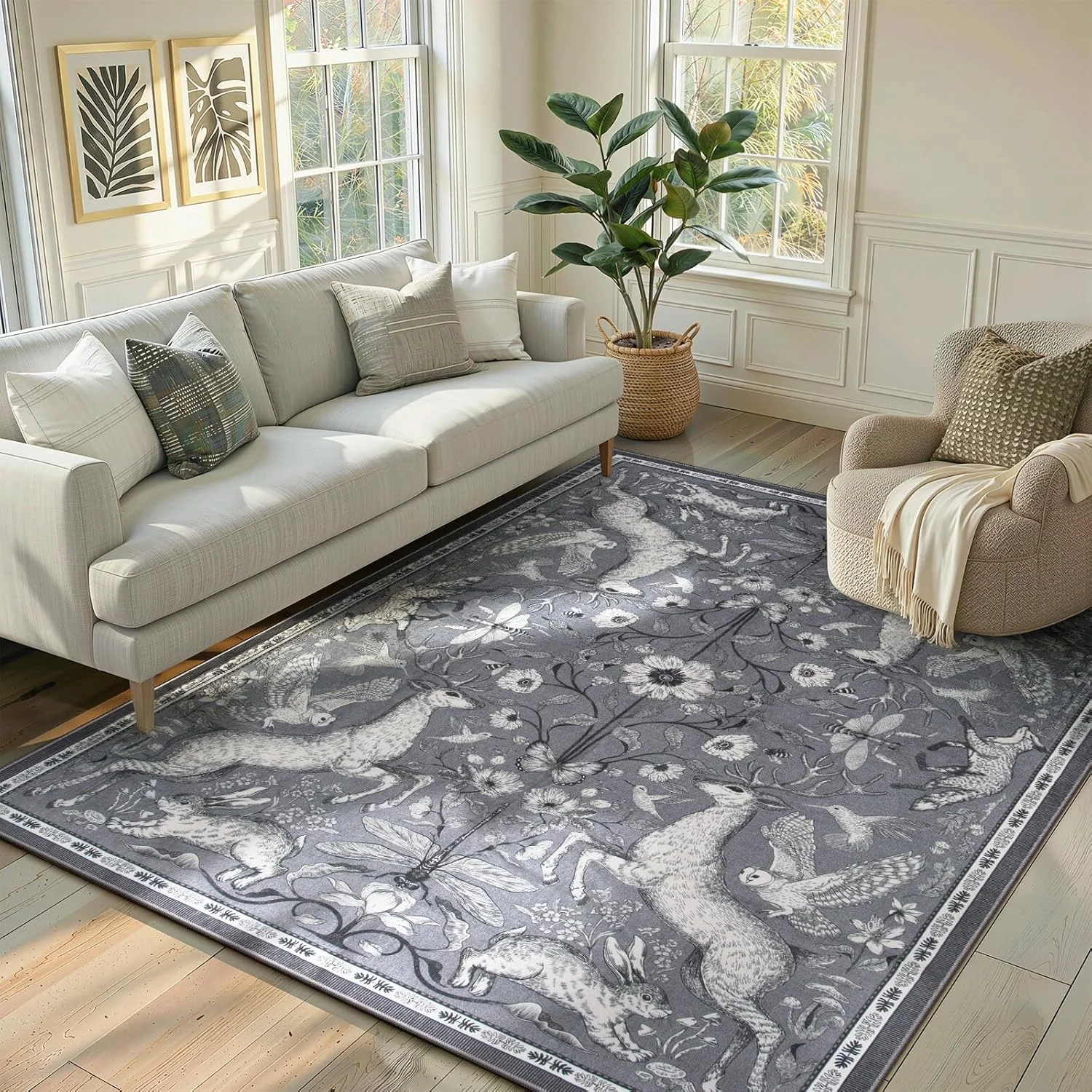 Vintage Medieval Forest Deer Rabbit Floral Border Area Rug Living Room Bedroom Home Decor Floor Mat Non Slip Carpet Gift