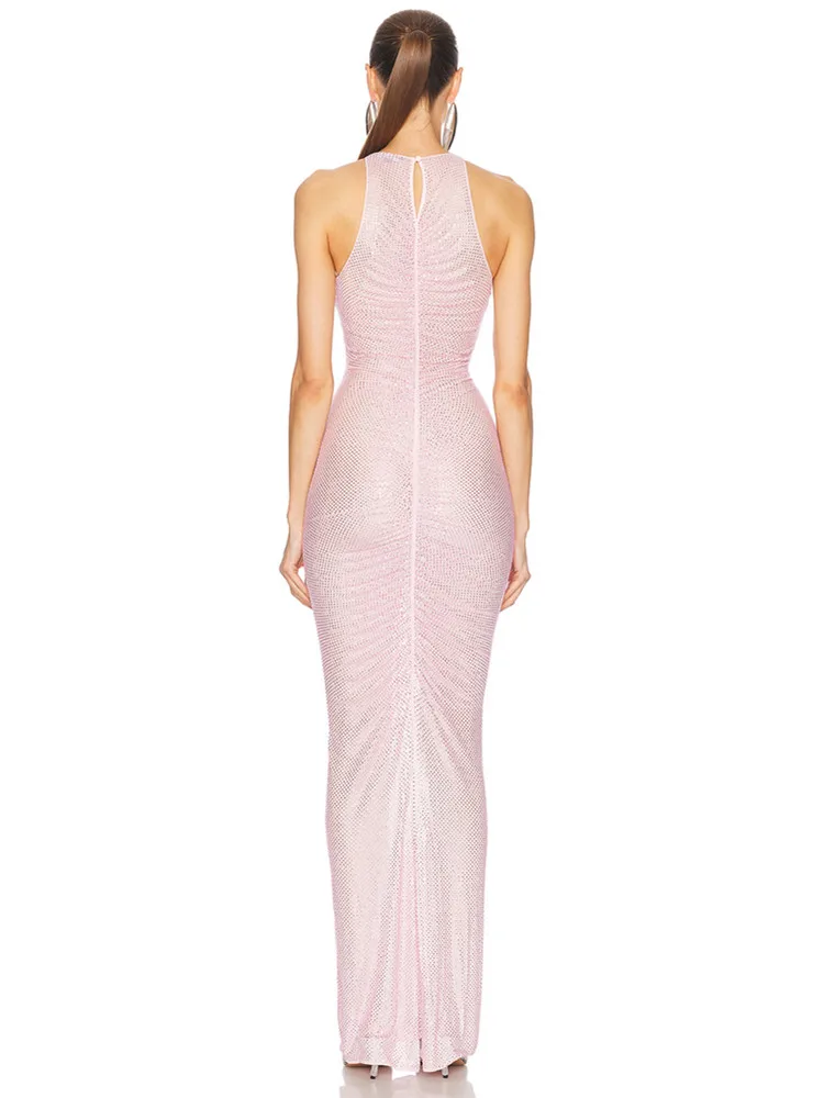 Nuove donne Celebrity Canotta sexy Diamanti rosa Backless increspato Beige Maxi abiti lunghi Abito 2025 Elegante Evening Party Club Vestido