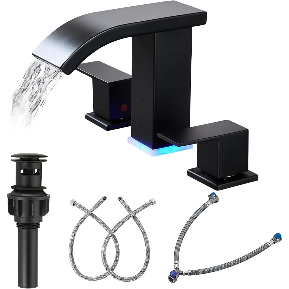 

8-Inch Widespread 3-Hole Bathroom Faucet, 2-Handle Black Waterfall Vanity Sink Faucet with LED Light & Pop-Up Drain