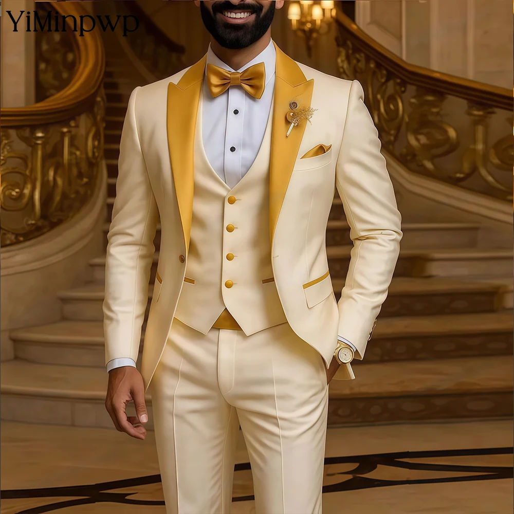 

YiMinpwp Ivory Men's Suit 3 Pieces Contrast Lapel Wedding Party Formal Groom Groomsman Satin Male Tuxedos 3 Piece Set Customized