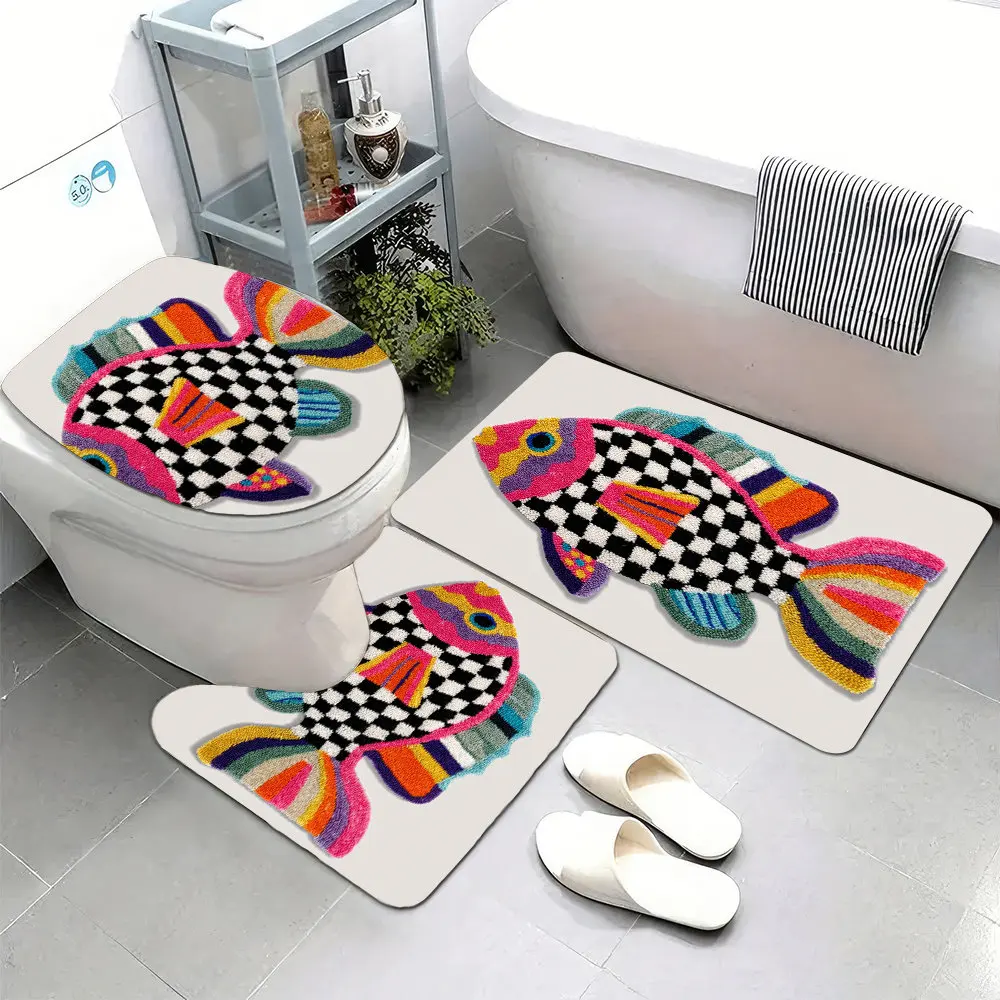 

Набор из 3 супермягких ковриков для ванной комнаты, с нескользящей основой, красочный коврик в форме рыбы с черно-белым клетчатым принтом.